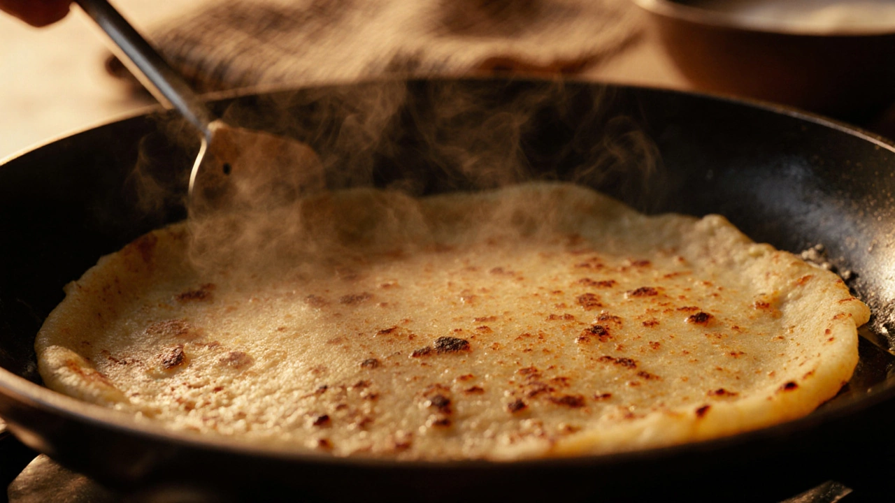 A golden, crisp dosa cooking in a pan with steam rising.
