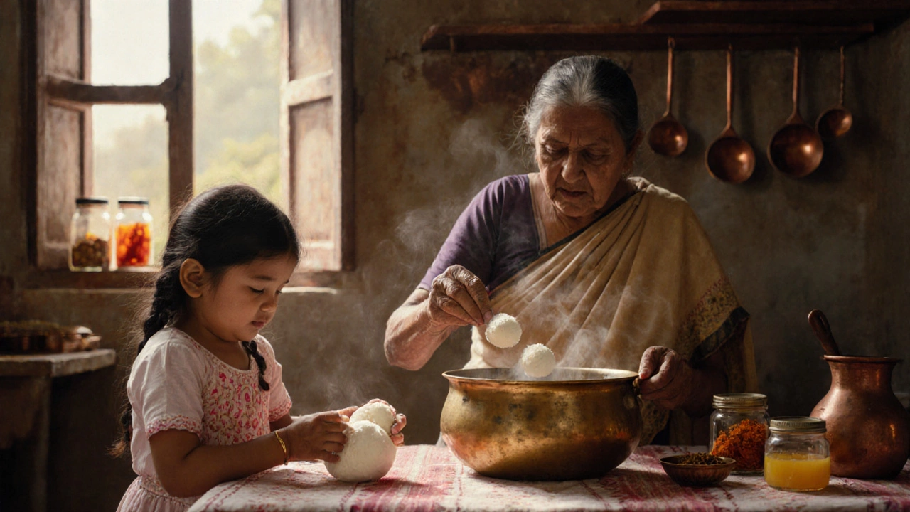 A grandmother and granddaughter kneading chhena together in a rural kitchen preparing rasgulla.