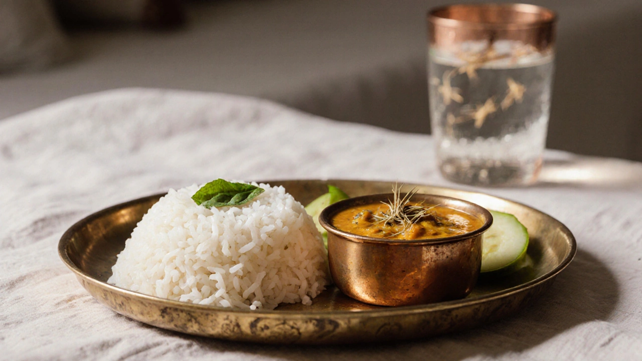 A nighttime meal plate with masoor dal, rice, and steamed vegetables on a brass thali.