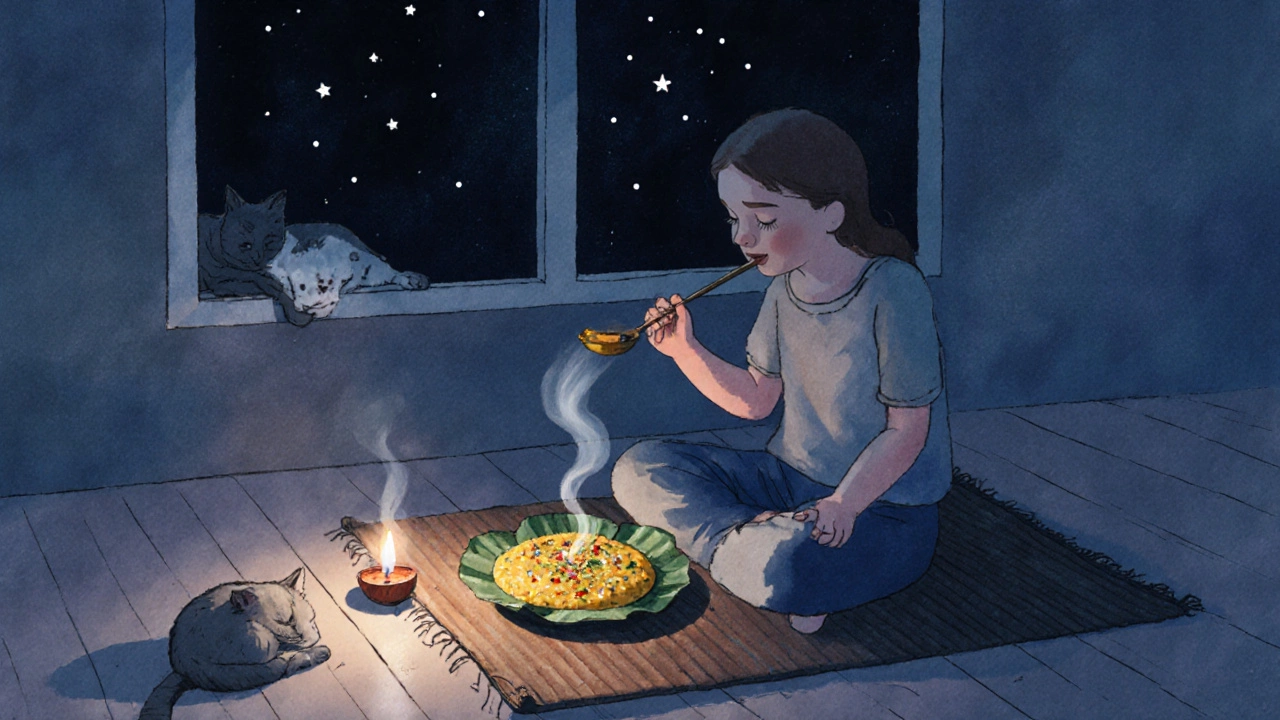 A person eating dal khichdi by dim lamplight under a starry night window.
