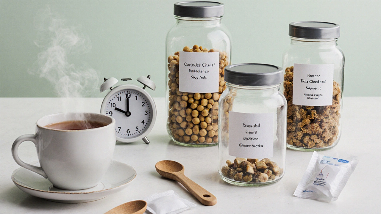 Airtight jars storing various Indian protein snacks on a kitchen counter.