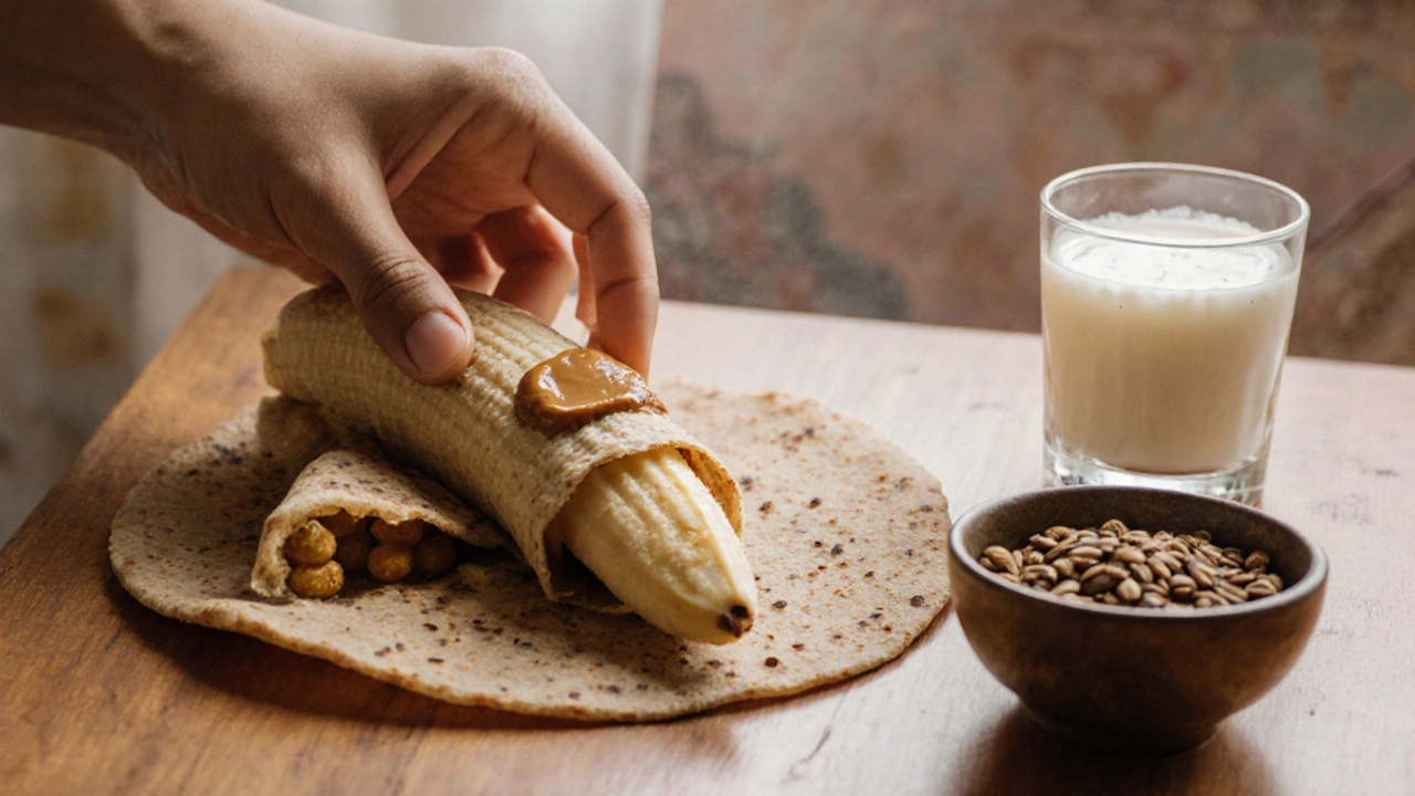 Banana peanut butter roti roll with roasted makhana and curd on a wooden table.