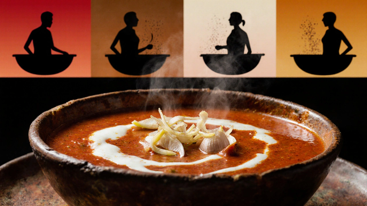 Bowl of curry topped with ginger ribbons and garlic slices, steam rising.