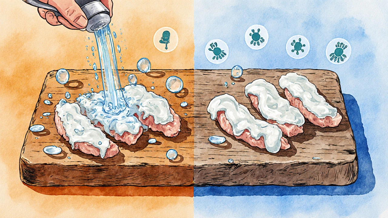 Chicken strips being rinsed under water on one side and left coated on the other.