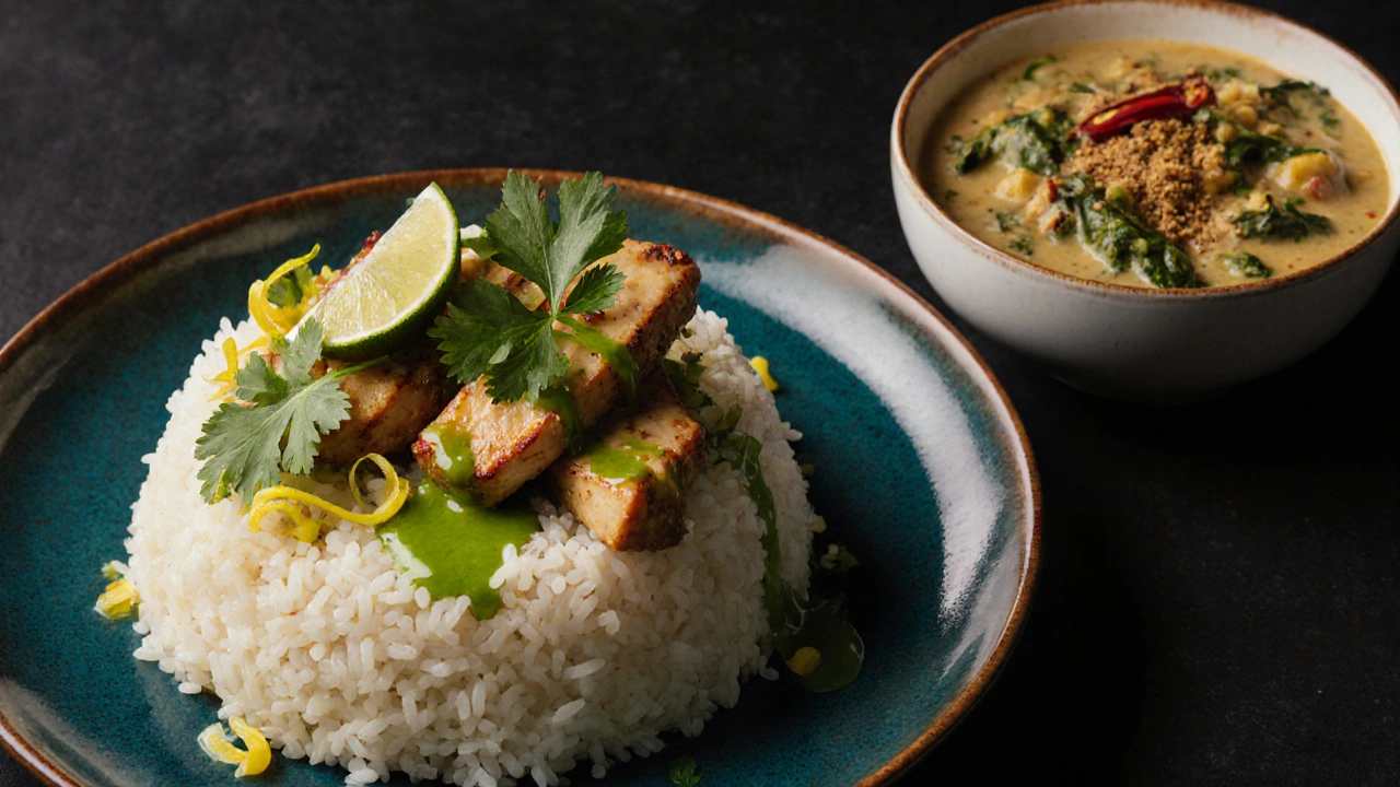 Close‑up of a fusion plate combining lemongrass chicken over cauliflower rice with a side of Indian lentil‑spinach curry.