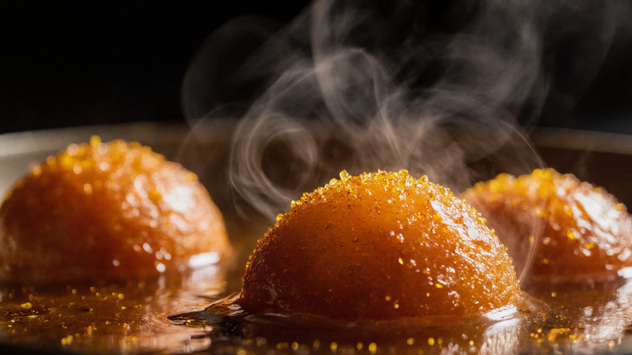 Close‑up of Gulab Jamun soaking in glossy amber syrup.