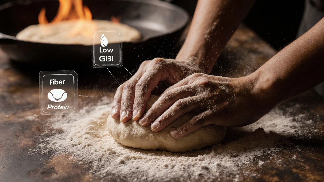 Close‑up of hands kneading wheat dough beside a glowing tawa, showing health icons.