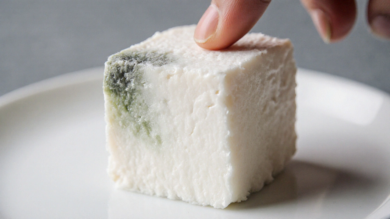 Close‑up of paneer with mold spots and slime.