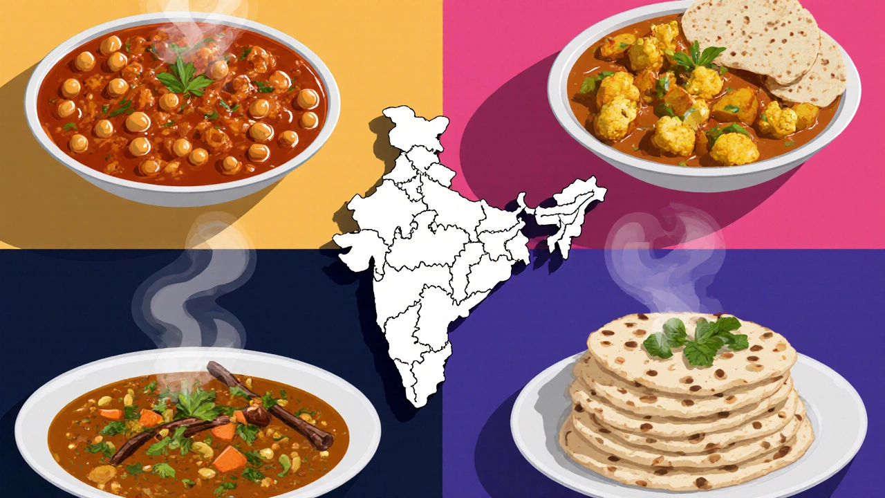 Collage illustration of five vegan Indian dishes from different regions surrounding a map of India.