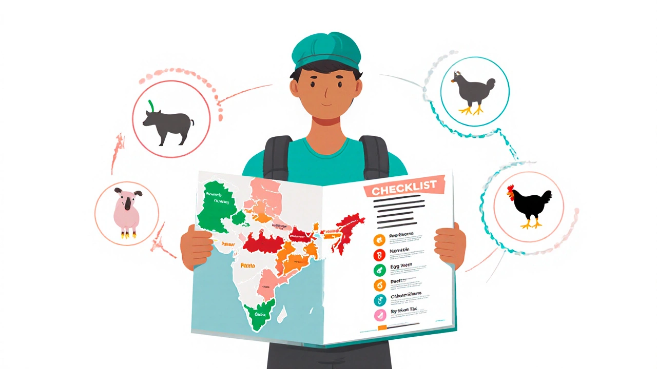 Digital art of a traveler with a color‑coded India map and food icons indicating meat restrictions.