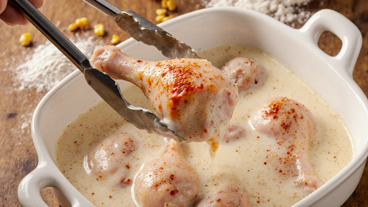 Drumsticks marinating in creamy buttermilk with paprika and hot sauce.