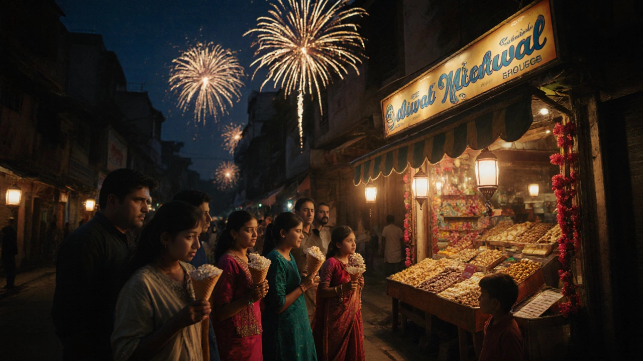 Families celebrating Diwali with traditional sweets outside a glowing sweet shop under fireworks.