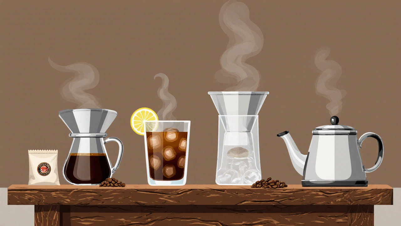 Four types of Indian street coffee displayed on a clean wooden cart.