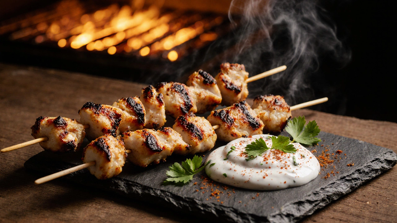 Grilled chicken skewers with a dollop of thick yogurt sauce on a rustic platter.