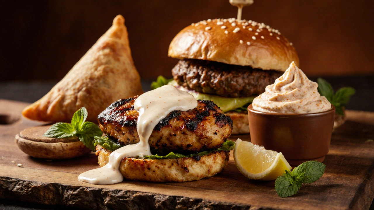 Grilled chicken tikka with mayo drizzle and samosa with tandoori spread dip on a board.