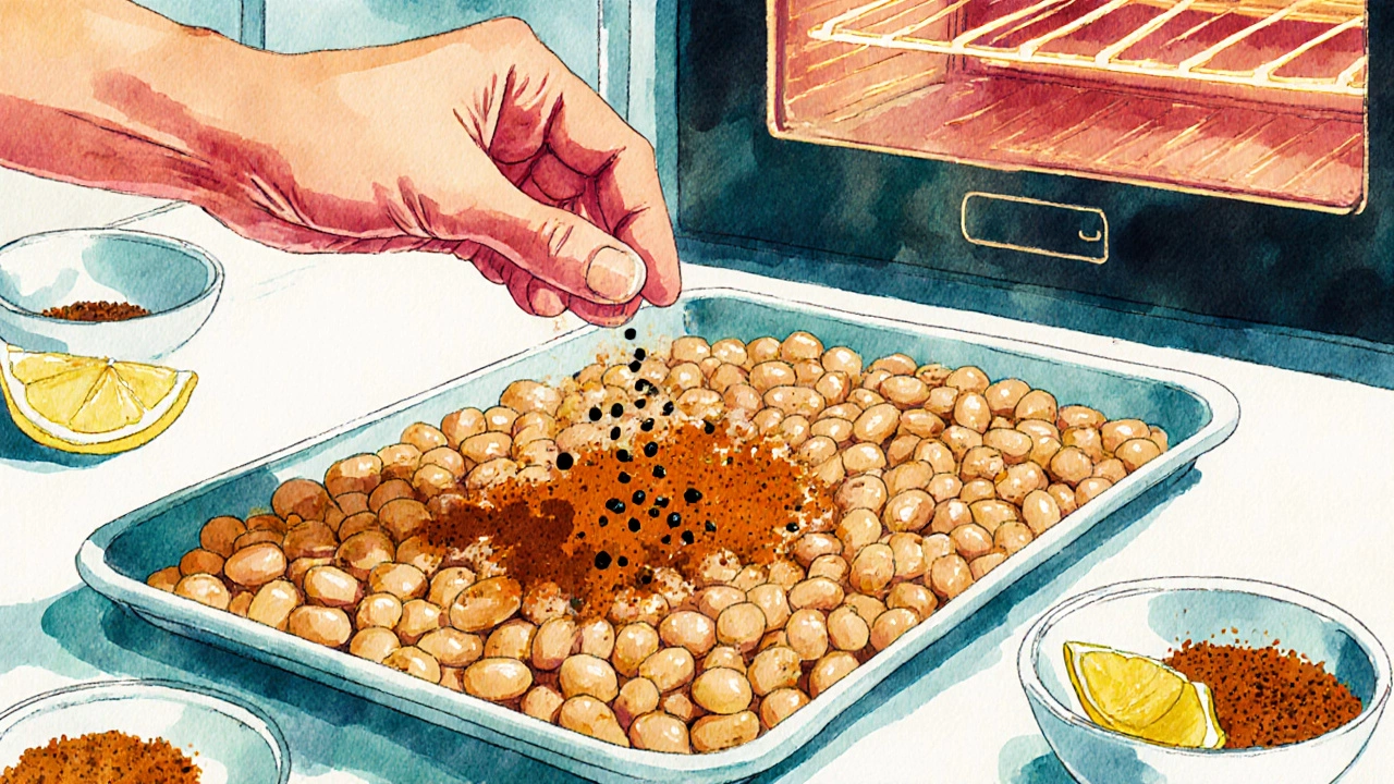 Hand adding spices to chickpeas on a tray before roasting.