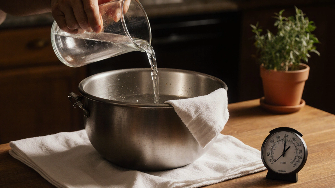 Hand pouring water into a stainless steel bowl with a thermometer reading 22°C.
