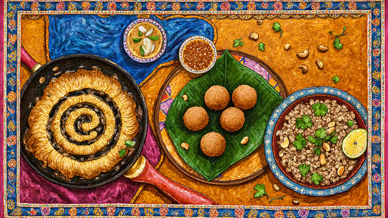 Indian snacks upgraded with moringa Murukku, amaranth ladoo, and quinoa Bhel on a kitchen counter.