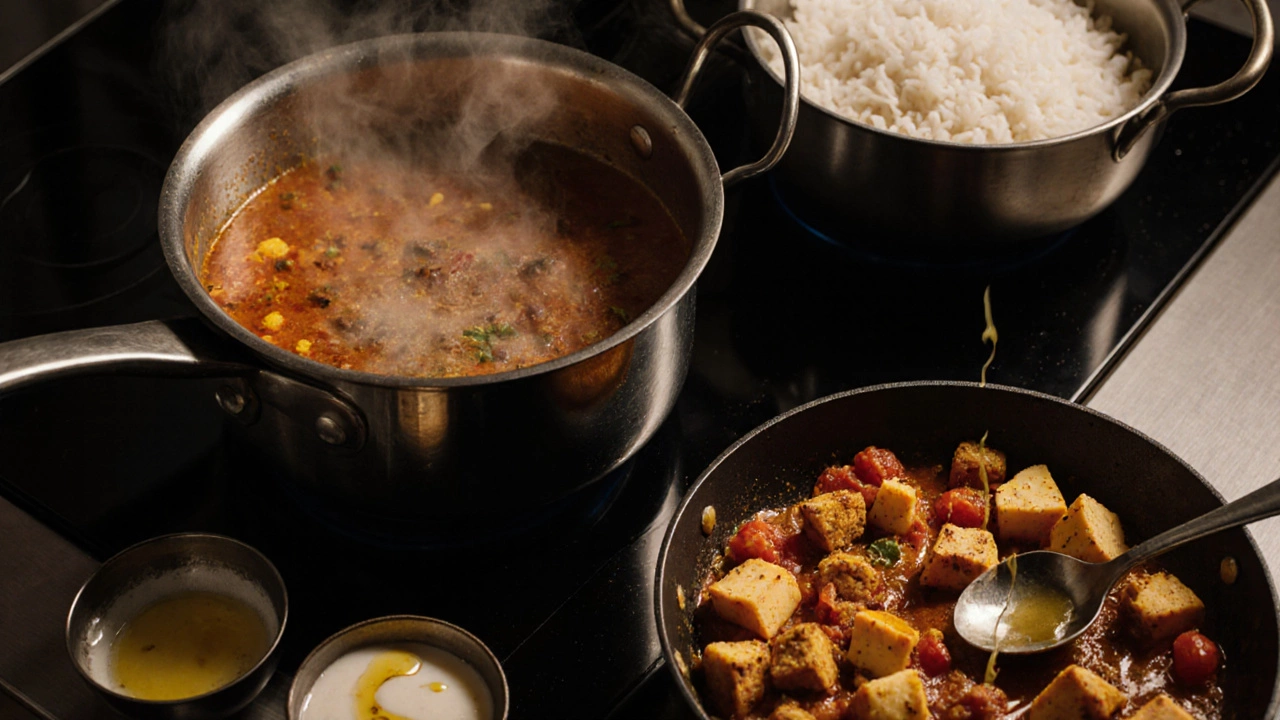 Kitchen scene of a cook preparing sambar, rice, paneer bhurji, coconut chutney and drizzling ghee.