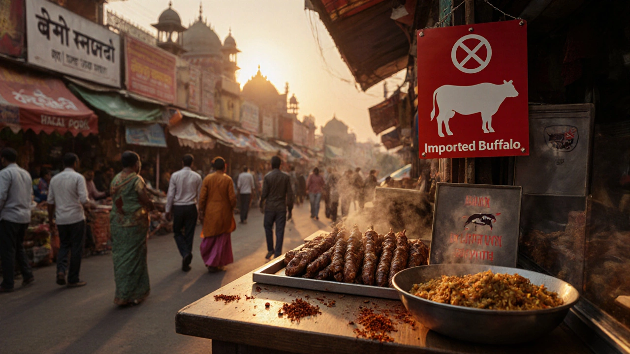 Market stall at golden hour with chicken, mutton, and a "No Beef" sign, plus a crossed pork icon.