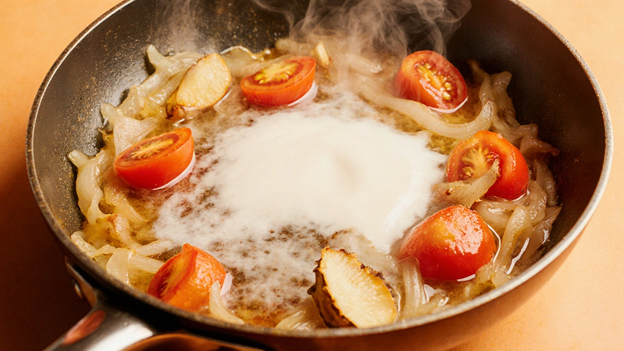 Mid‑sauté pan showing golden garlic, bright ginger, onions and tomatoes with coconut milk.