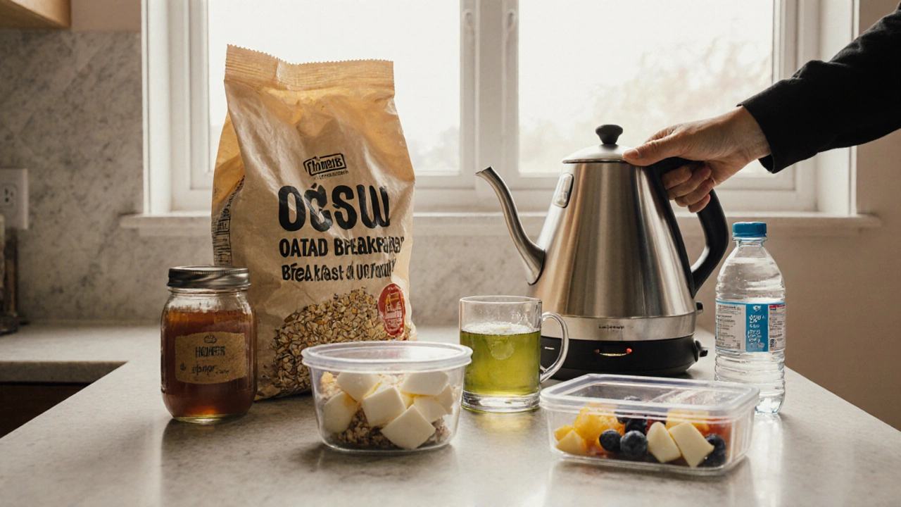 Minimalist kitchen counter showing bulk oats, paneer, pre‑boiled eggs, fruit and tea for meal prep.