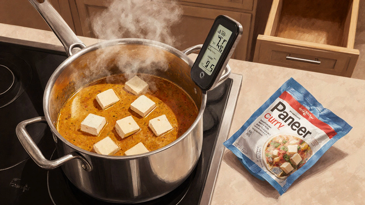 Paneer cubes cooking in curry with thermometer at 74°C.
