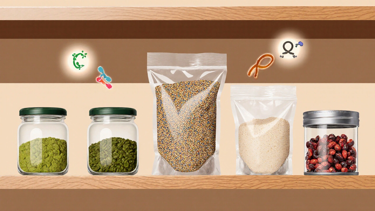 Pantry shelves stocked with jars and bags of moringa powder, amaranth, quinoa, millet flour, and goji berries.