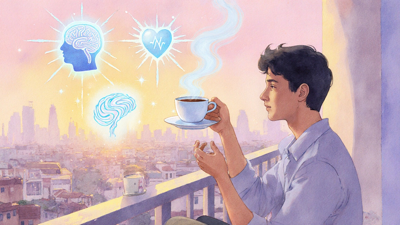 Person enjoying coffee surrounded by health‑symbol icons.