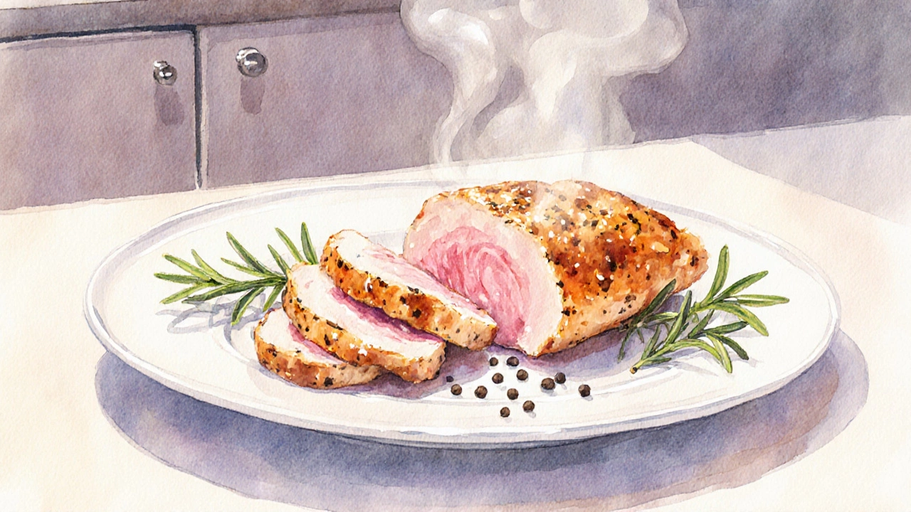 Sliced roasted chicken breast with herbs on a white plate, steam rising.