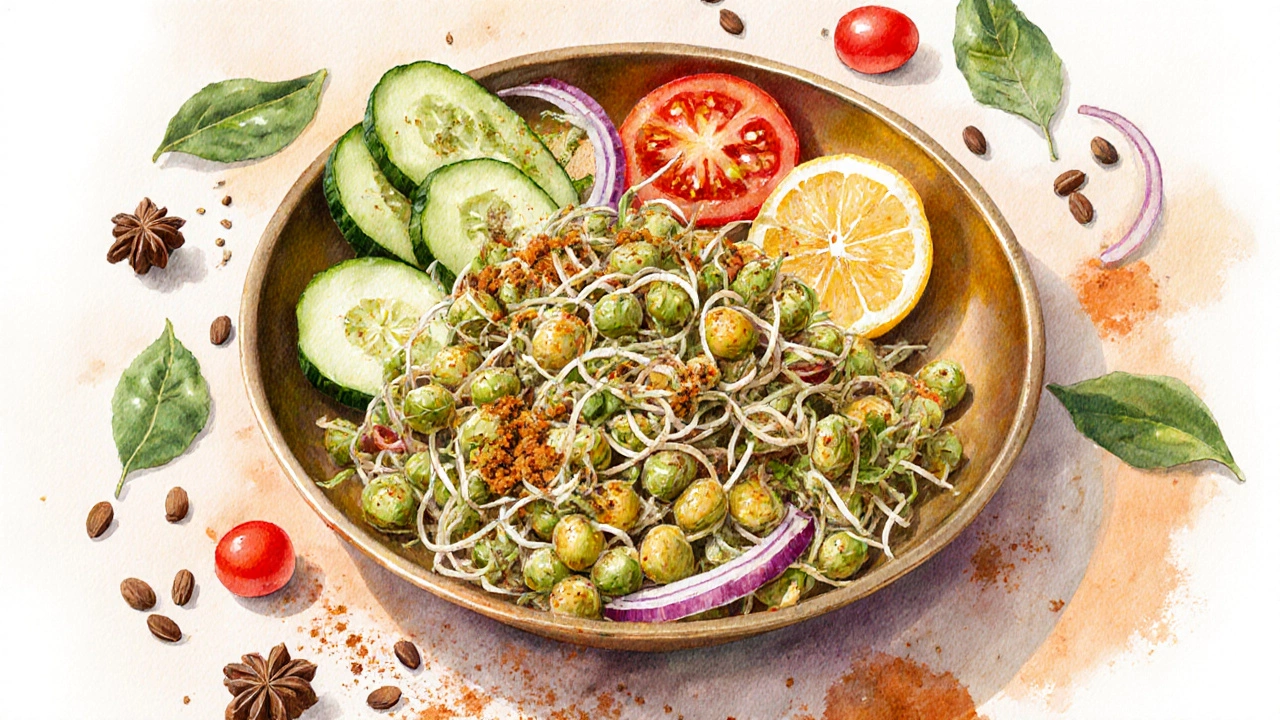 Sprouted moong salad in a brass thali with fresh vegetables and spices.
