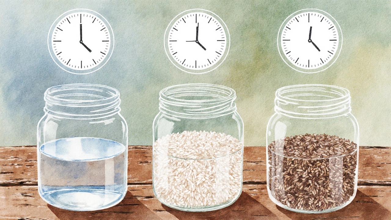 Three jars of different soaked rice varieties on a rustic table.