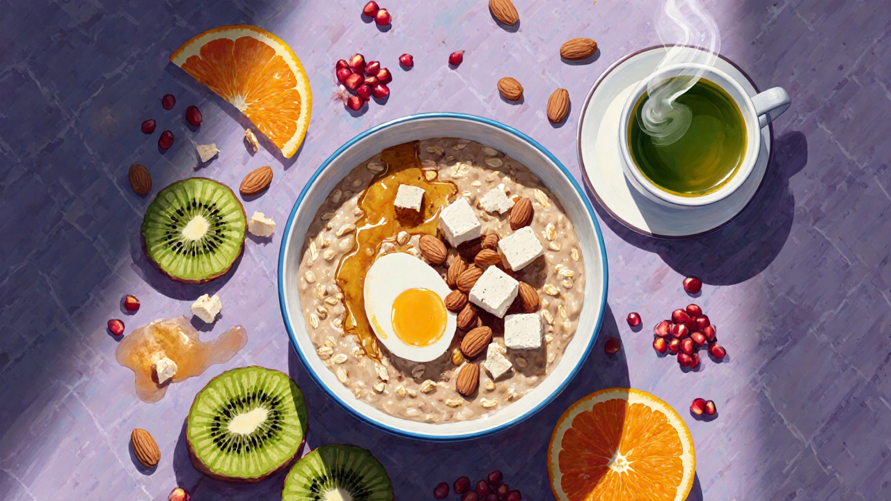 Top‑down view of a bowl with oat porridge, eggs, paneer, fruit and a steaming cup of green tea.