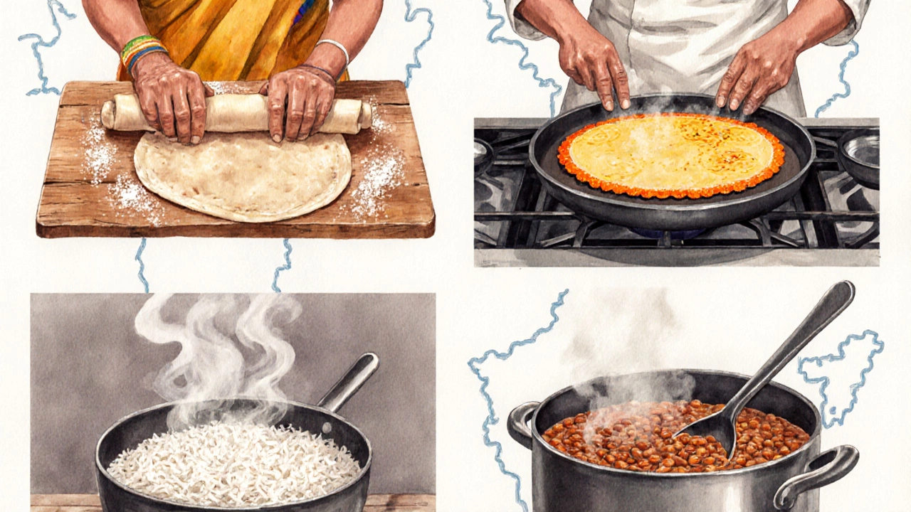 Watercolor illustration of four cooking stations: roti, masala dosa, rice, and dal with a map outline.