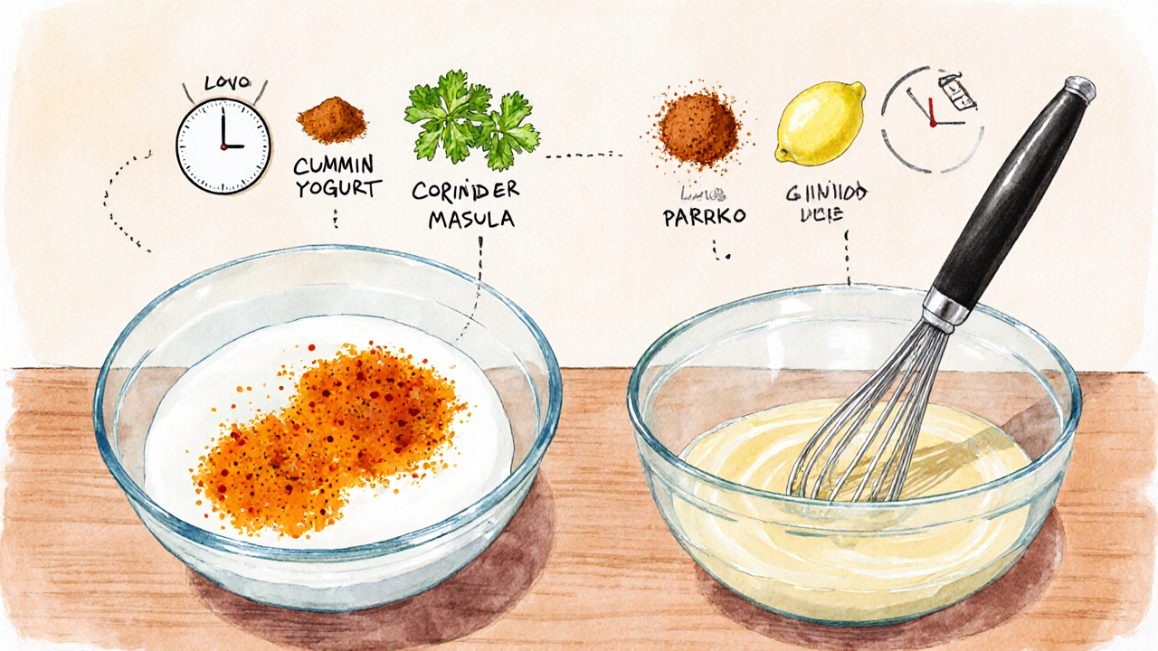Watercolor kitchen illustration of making tandoori mayo and spread with ingredients.