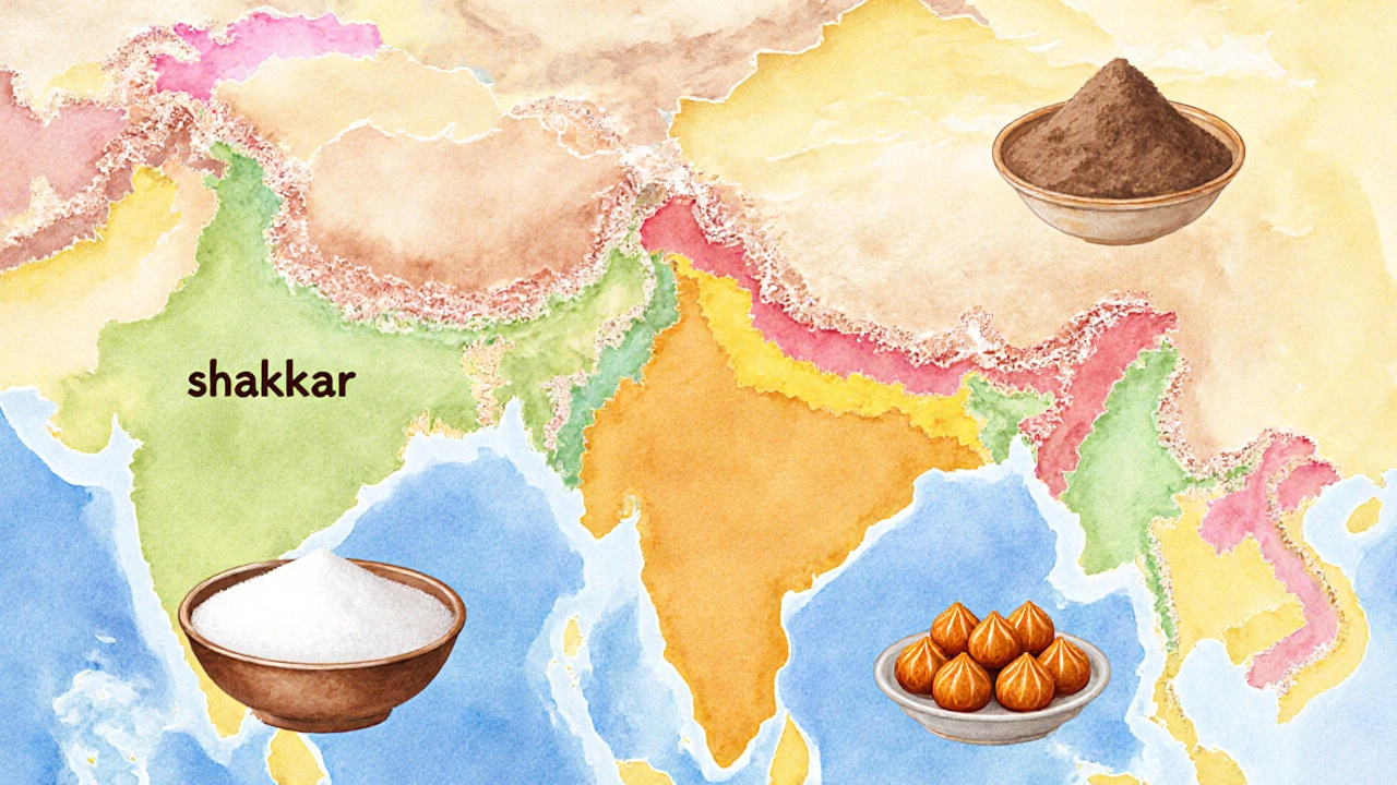Watercolor map with regional sugar bowls and their desserts.