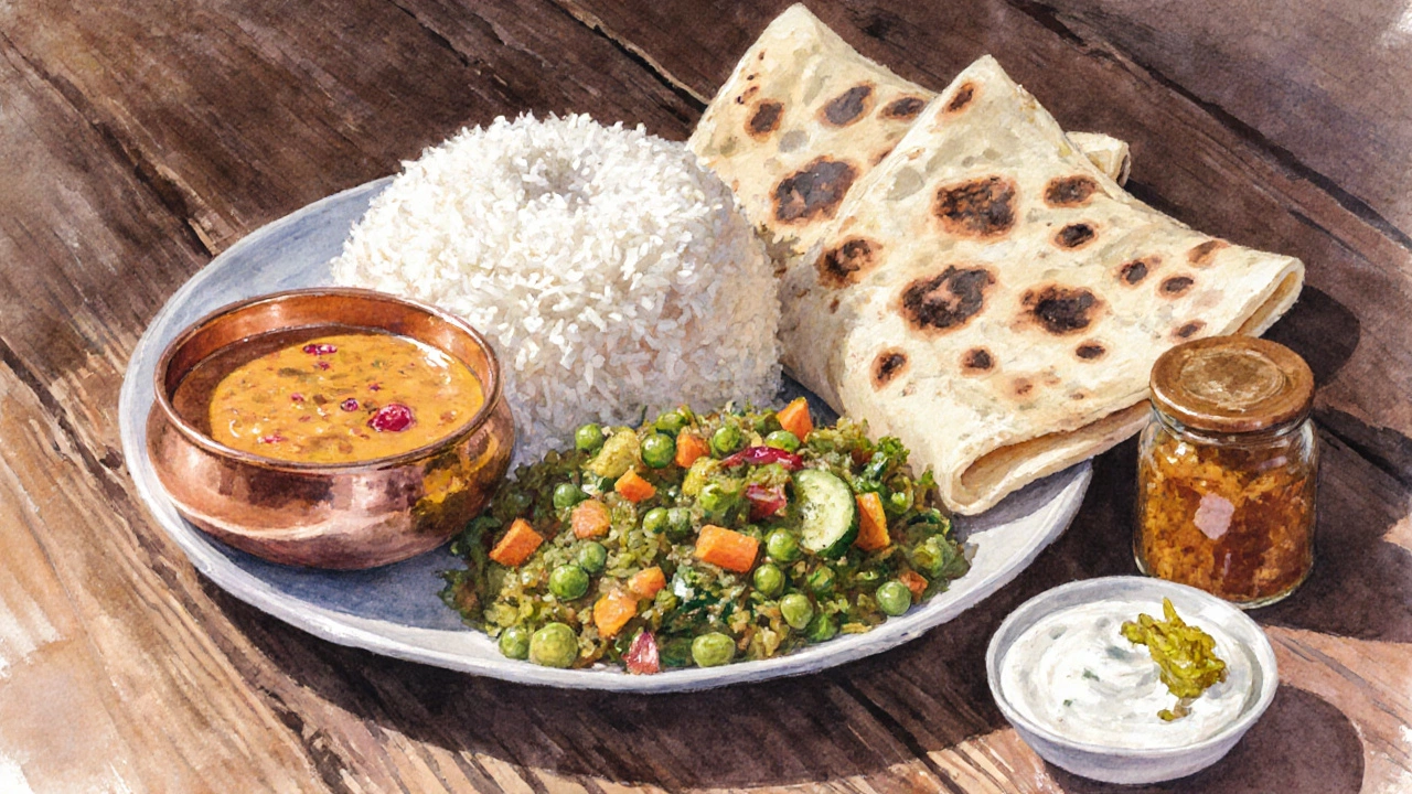 Watercolor of a wooden table showing rice, chapatis, dal, sabzi, raita and a mango pickle.