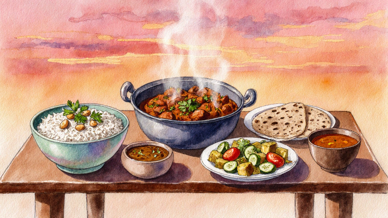 Watercolor scene of a sunset dinner table with Poha, Rajma, Aloo Gobi, roti, and sambar.