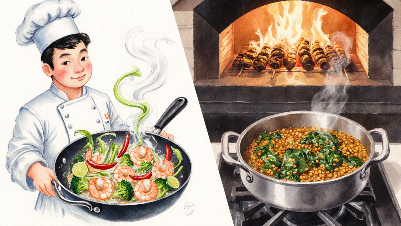 Watercolor split scene showing Thai stir‑fry wok and Indian simmering pot with tandoor oven.