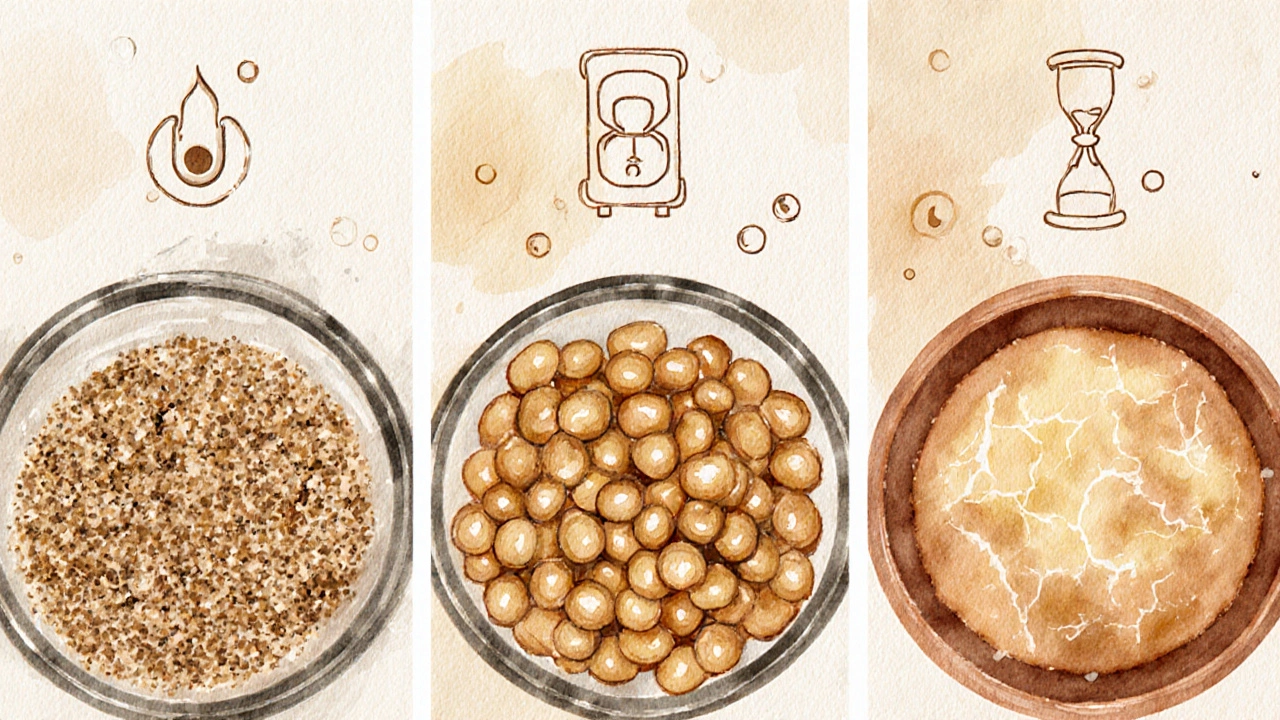 Watercolor split view of under‑soaked, perfectly soaked, and over‑soaked dal.