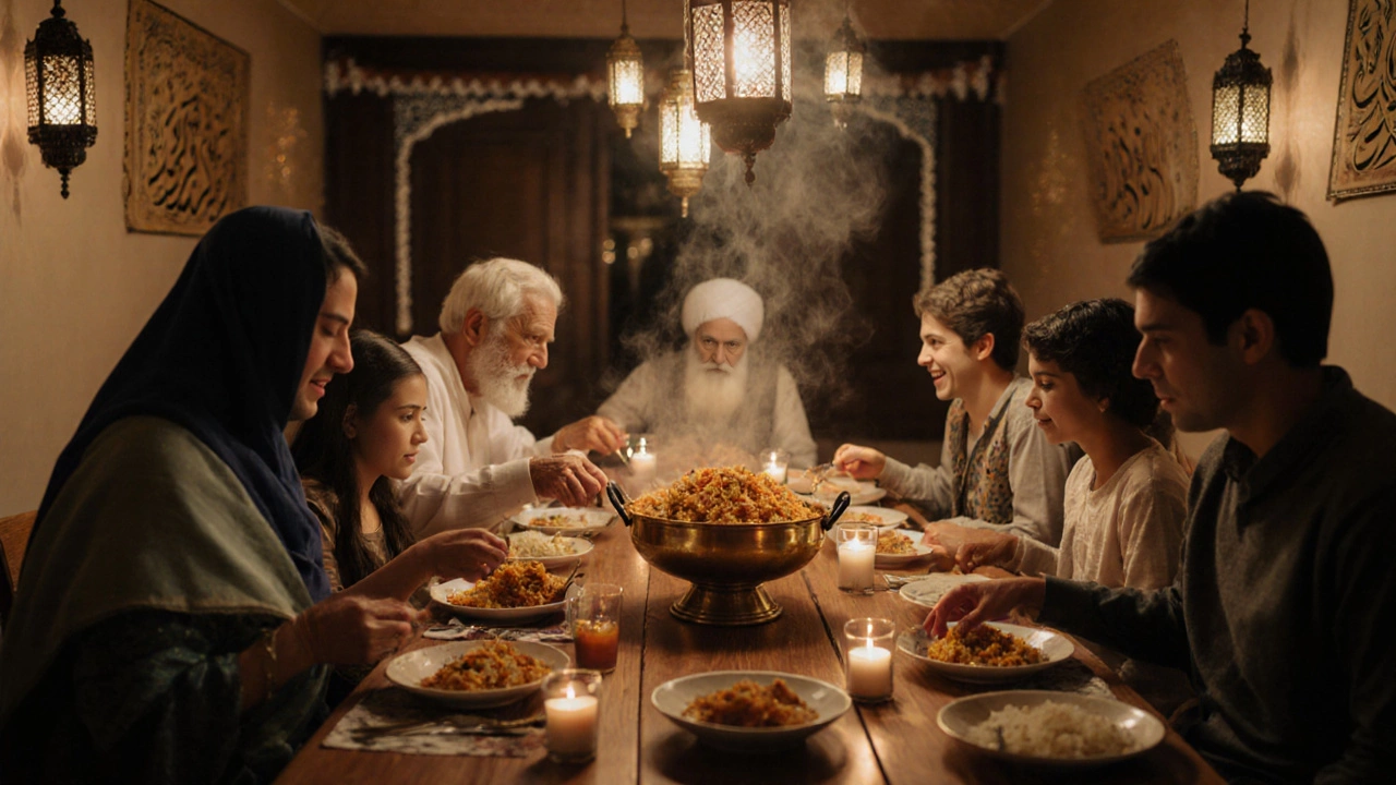 A Muslim family sharing biryani at an Eid dinner, warm candlelight illuminating their smiles.