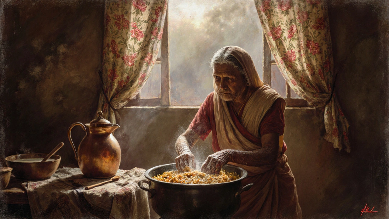 An elderly woman sealing a biryani pot with dough in a rustic kitchen, sunlight streaming in.