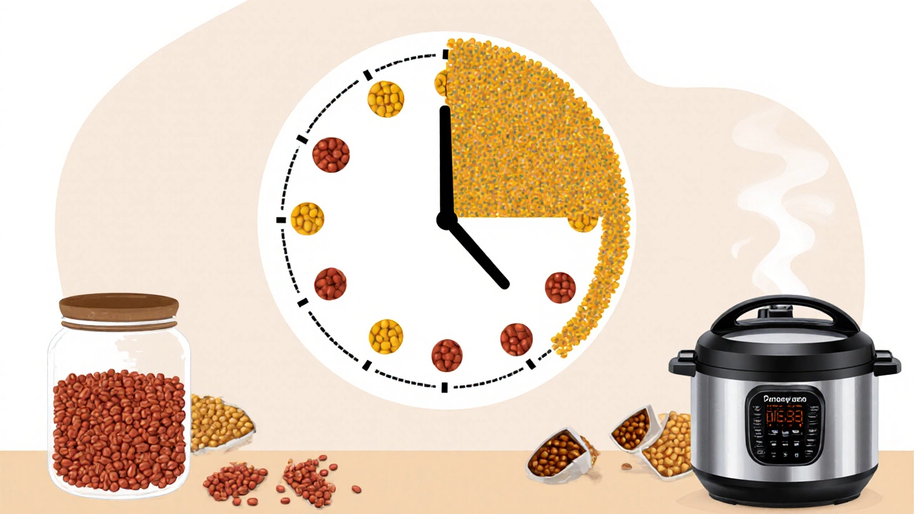 Clock with lentils as hour markers showing quick-cooking vs slow-cooking varieties.
