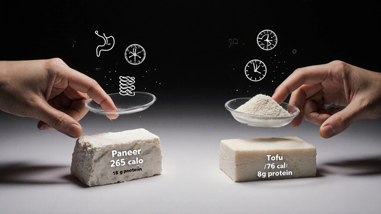 Contrasting blocks of paneer and tofu with nutritional icons and scales.
