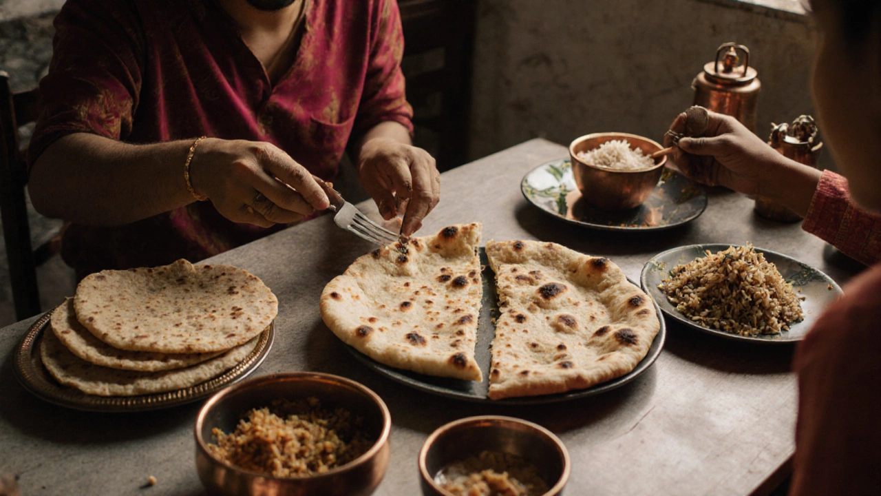 Family sharing one naan alongside other Indian whole grain breads on a kitchen table.
