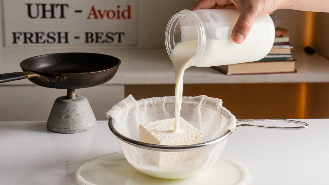 Fresh milk being strained into a muslin cloth with weights pressing down to form paneer.