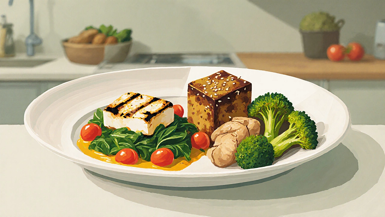 Grilled paneer and baked tofu served with vegetables on ceramic plates.