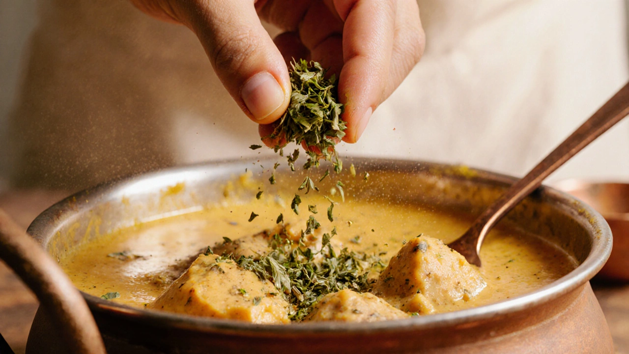 Hand crushing dried fenugreek leaves over creamy chicken curry