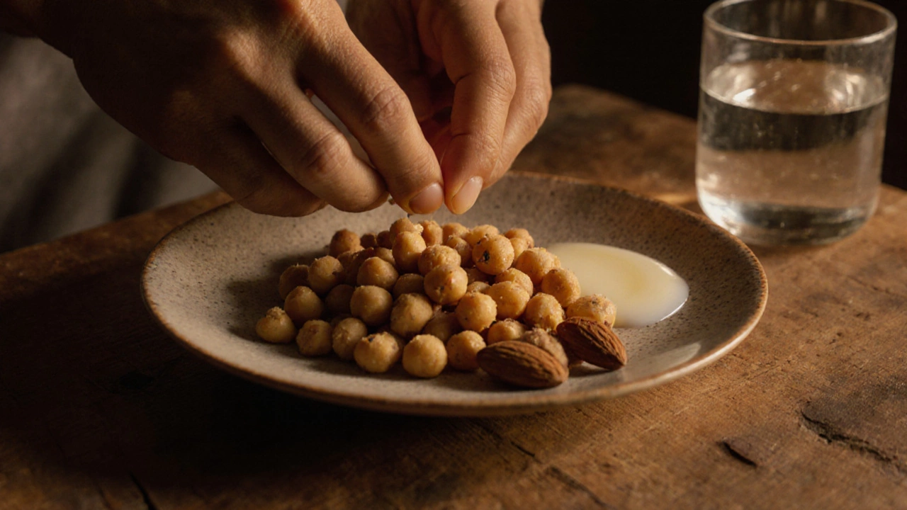 Hands preparing a healthy Indian snack of roasted chana, almonds, and coconut oil on a wooden surface.