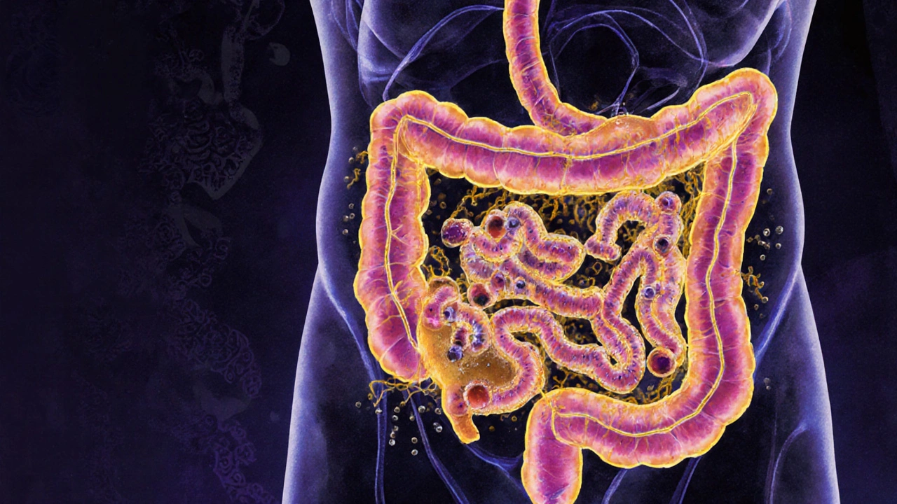 Microscopic view of probiotics in the gut crowding out bad bacteria and nourishing intestinal lining.